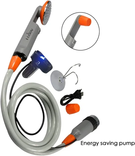 Vista 3 de Ducha portátil para campamento, bomba de ducha compacta con batería recargable USB, cabezal de ducha de mano al aire libre para campamento
