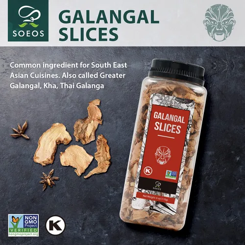 Vista 5 de Soeos Rodajas de Galangal 6 Onzas, Verificado Sin OMG, Kosher, Gran Galangal - Alpinia Galanga, Perfecto para Sopas Tom Yum y Tom Kha, Producto