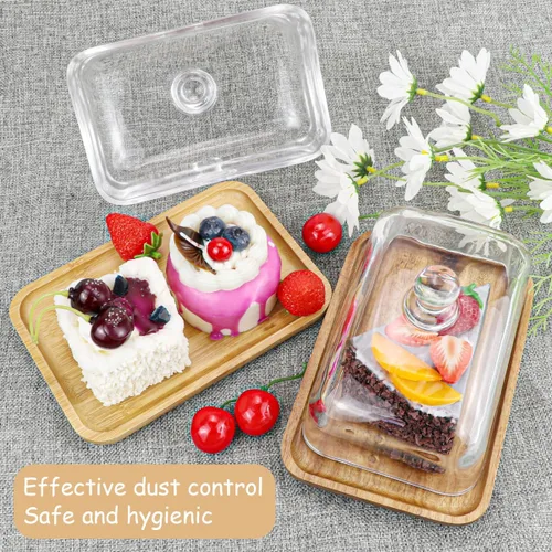 Vista 7 de Mantequera de cristal transparente con tapa, recipiente para mantequilla, queso crema y pastel de postre (bambú)