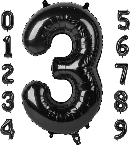 Vista 10 de Globos con números de 40 pulgadas, color negro, para decoraciones de cumpleaños de 10 a 100 años Jumbo 40In & Vibrant Color, With Hanging Holes