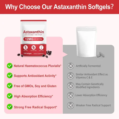 Vista 8 de Astaxantina 12 mg – Suplementos antioxidantes de astaxantina premium para apoyo a la salud de la piel y los ojos – Fuente de microalgas frescas