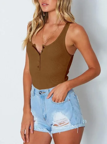 Vista 7 de Camiseta sin mangas sexy para mujer REORIA con cuello redondo y espalda cruzada, con botones