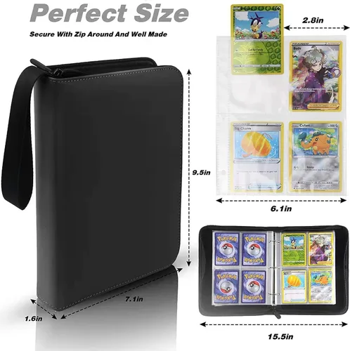 Vista 5 de Carpeta de tarjetas coleccionables de 4 bolsillos, 400 bolsillos para tarjetas de Pokémon con cremallera, 50 fundas compatible con tarjetas Negro