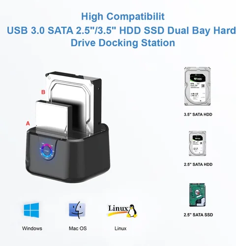 Vista 4 de GODO USB 3.0 a SATA III Mini Estación de acoplamiento de disco duro externo de doble bahía para HDD SSD de 2.5/3.5 pulgadas, compatible con clon sin