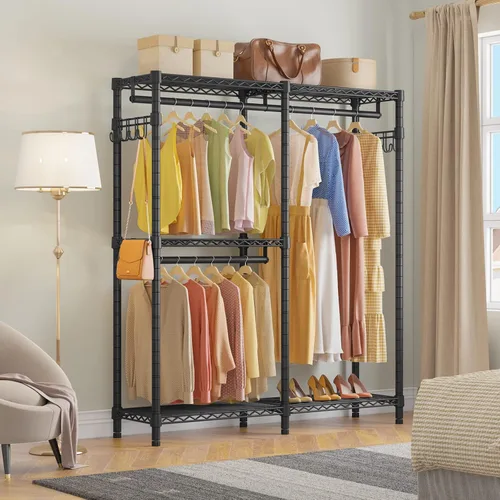 Vista 7 de VIPEK V4 - Perchero resistente para colgar ropa, capacidad de carga de 810 libras, perchero de doble barra con estantes ajustables y ganchos Negro