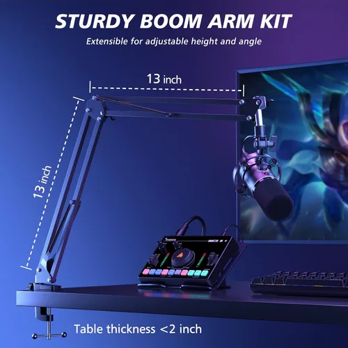 Vista 8 de MAONO Kit de micrófono dinámico XLR/USB, micrófono podcast RGB con software, silencio, perilla de ganancia, control de volumen, brazo de brazo