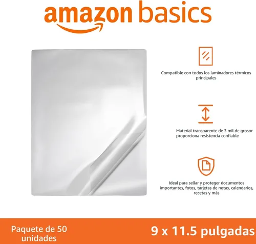 Vista 2 de Amazon Basics Hojas laminadoras de papel de plástico laminado térmico transparente, 9 x 11.5 pulgadas, paquete de 50, 2.8 mil
