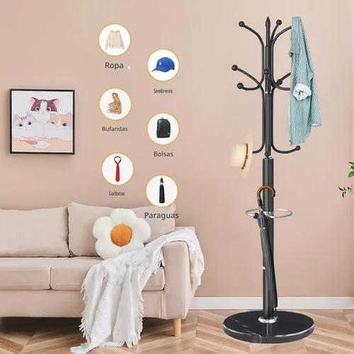 Vista 5 de ZOZOE Perchero de Metal con Soporte, Perchero Moderno Independiente con Base de Mármol Natural, Percheros Resistentes con 12 Ganchos y Negro