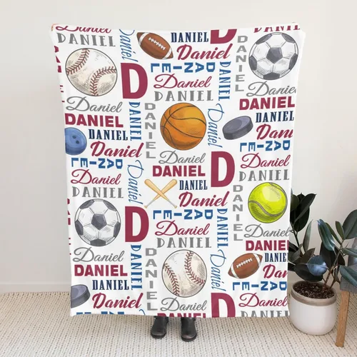 Vista 4 de Manta personalizada para regalo conmemorativo con texto con temática deportiva, manta personalizada con patrón de manta