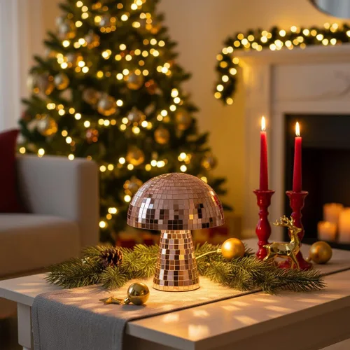 Vista 7 de Decoración de bola de discoteca de hongos, decoración de mesa de setas, espejo de oro rosa de 7 pulgadas, decoración de mesa de bola de discoteca