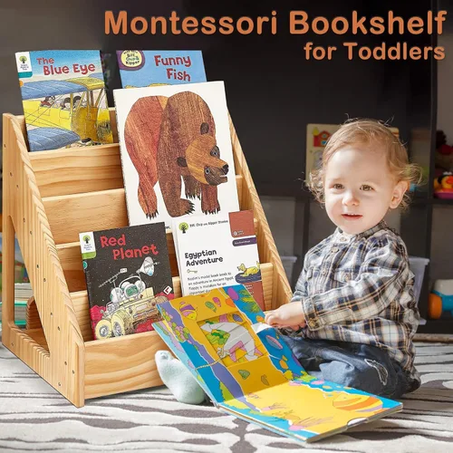 Vista 3 de FUNLIO Montessori - Estantería para niños pequeños de 1 a 5 años, con asa y dispositivo antiinclinación, estantería de pino de primera calidad