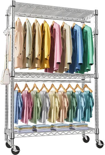 Vista 28 de M MZG Perchero resistente con ruedas de 3 niveles de alambre ajustable con 3 varillas y ganchos laterales, estante de ropa para armario, color Negro