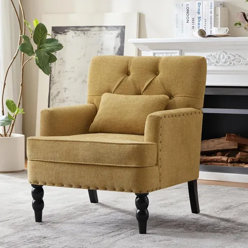 Vista 21 de HUIMO Silla de Club Acolchada, Silla de Acento con Almohada Lumbar, Sillón Tapizado con Botones, Sillas de Sofá de Tela de Lino para Dormitorio