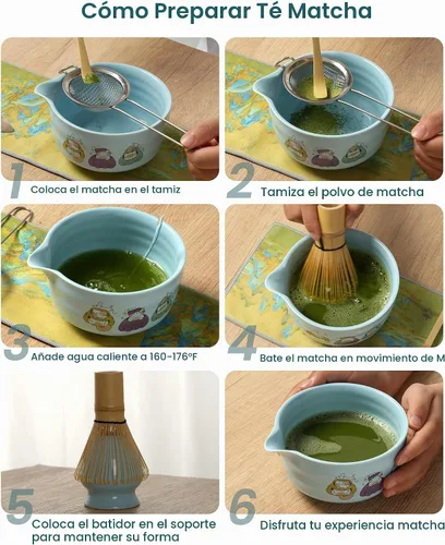 Vista 3 de Juego de batidor de matcha, 18 onzas, 7 piezas, kit de matcha japonés, incluye cuenco de matcha con boquilla, batidor de bambú, soporte de Chasen