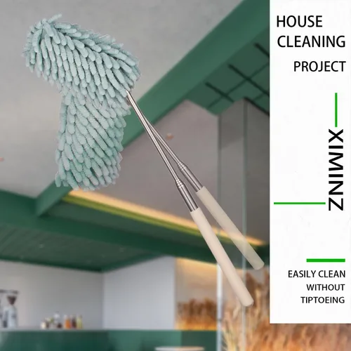Vista 5 de Plumero de microfibra retráctil verde para limpiar plumero de mano extensible lavable plumero herramienta de limpieza para limpieza de oficina