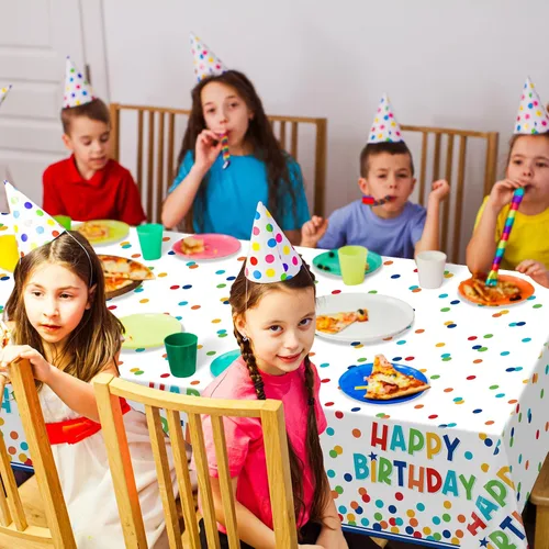 Vista 6 de Paquete de 1 mantel de plástico para decoración de cumpleaños, manteles desechables de lunares coloridos, mantel rectangular impermeable para niñas