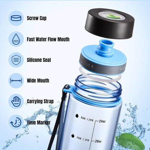 Vista 3 de Botella de agua transparente con medidas, plástico de boca ancha de 28 onzas Blue clear plastic water bottle for men with time markers, strap