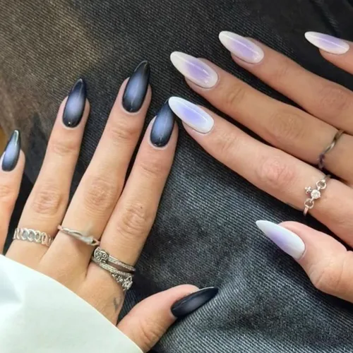 Vista 18 de GLAMERMAID Uñas postizas a presión con forma de almendra mediana, uñas de gel con punta francesa estilo gótico negro ombré, uñas postizas acrílicas