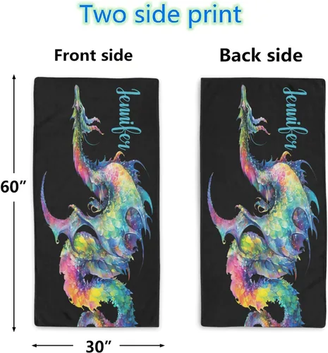 Vista 2 de Toalla de playa personalizada de dragón de acuarela negra con nombre, toallas de baño para deporte, béisbol, baloncesto, regalo, 30 x 60 pulgadas, 2