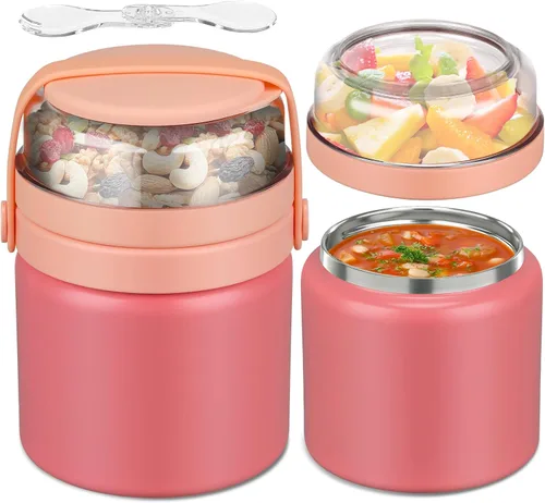 Vista 10 de JXXM Tarro de comida con doble aislamiento 2 en 1 de 13.5 onzas, termo de sopa con contenedor de aperitivos para niños, termo para comida caliente