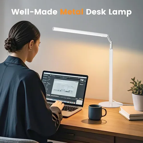 Vista 2 de Lámpara de Escritorio LED Blanca - Luz de Escritorio Industrial Plegable para Oficina en Casa, Lámpara de Mesa Regulable de 15W para Lectura