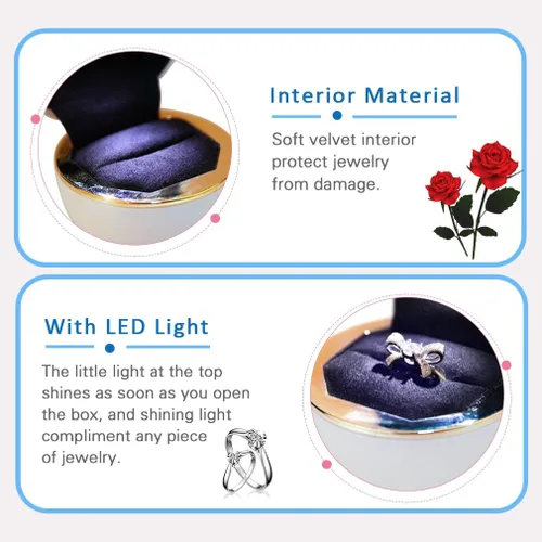 Vista 6 de iSuperb Caja de anillo en forma de rosa con LED para propuesta, compromiso, boda, aniversario, San Valentín, regalo de cumpleaños (blanco)