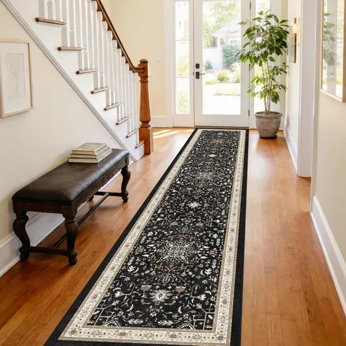 Vista 9 de nesrt Alfombra bohemia lavable de 2 x 10 pies, suave, antideslizante, extra larga, alfombra de cocina, color negro, vintage, geométrico, camino