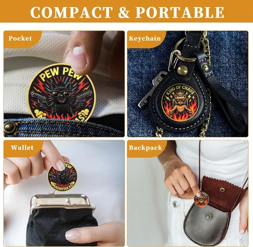 Vista 4 de Pew Pew Cat Challenge Coin – Rey del Caos Gato genial con corona Medallón único con diseño de fuego y relámpago Regalo divertido
