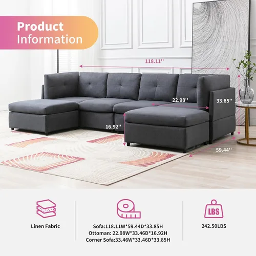 Vista 2 de Sofá modular seccional, sofá convertible en forma de U con otomanas extraíbles, diseño capitoné, sofá modular de 6 asientos para sala de estar, gris