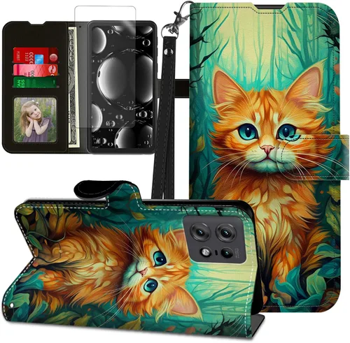 Vista 59 de Funda para Motorola Edge 2022 con protector de pantalla, soporte y tarjetero y correa para la muñeca, funda magnética para Moto Edge 2022 5G UW Lobo