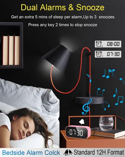 Vista 3 de AFK Reloj despertador con altavoz Bluetooth para dormitorio, pequeño reloj digital con doble alarma, repetición, pantalla LED de espejo para niñas