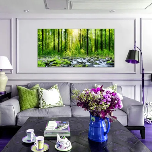 Vista 5 de Tucai Decor Lienzo decorativo para decoración de la mañana amanecer árboles verdes paisaje, sol sobre bosque, fotografía impresa en lienzo