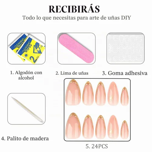 Vista 5 de Uñas postizas a presión de almendra, uñas postizas medianas con diseños de estampado francés de lámina dorada 3D, pegamento dorado Starlight en uñas
