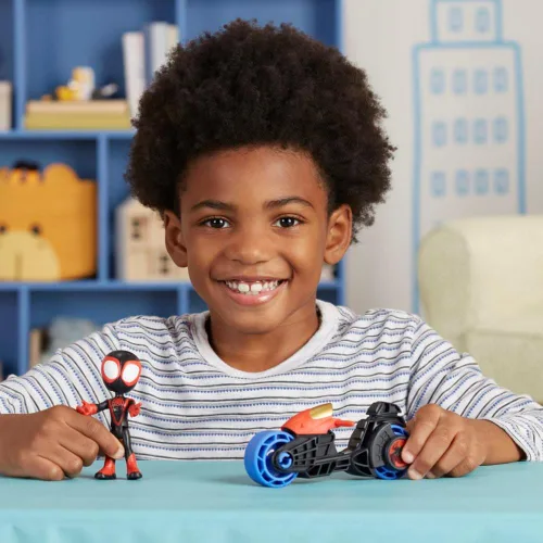 Vista 5 de Spidey y sus increíbles amigos Miles Morales figura de acción con motocicleta de juguete, juguetes preescolares, para niños a partir de 3 años