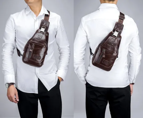 Vista 7 de BULLCAPTAIN Bolso bandolera de cuero genuino con múltiples bolsillos para hombre, bolso cruzado de viaje, mochila de hombro pequeña casual