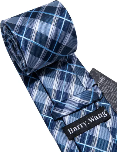 Vista 11 de Barry.Wang Juego de corbatas a cuadros para hombre con pañuelo gemelos de rayas clásicas