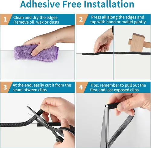 Vista 4 de Protector de borde de goma de 10 pies/3 m, protector de borde de puerta sin adhesivo, tira de sello de borde en forma de U con clips de metal