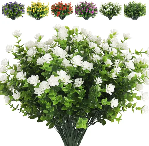 Vista 23 de RECUTMS - Flores artificiales, 12 plantas sintéticas para exteriores, resisten rayos ultravioleta, arbustos para interiores y exteriores, maceta