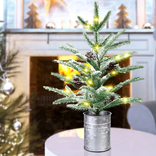 Vista 5 de Árbol de Navidad pequeño de 24 pulgadas, mini árbol de Navidad preiluminado con 60 luces estilo rústico, árbol de mesa de 2 pies Mini Desk