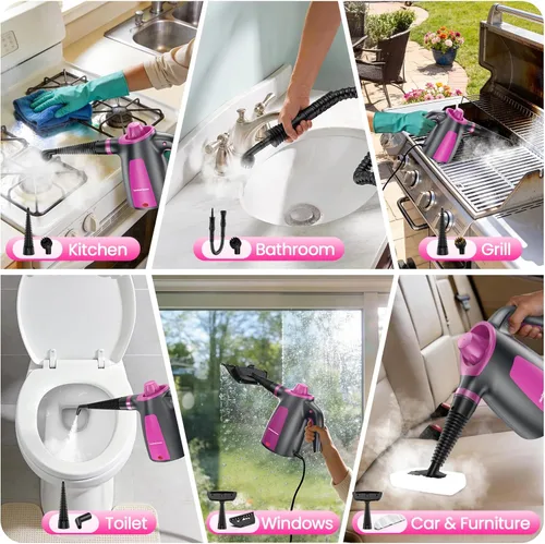 Vista 5 de LABIGO Limpiador a vapor, limpiador de vapor natural de mano presurizado multisuperficie con 12 accesorios y bloqueo de seguridad, vaporizador