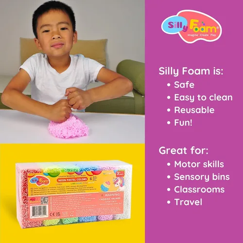 Vista 8 de Espuma Tonta, Cuentas de Espuma de Modelado Creativo, Paquete de 2 de 6 Primarios + 6 Bloques Pastel Neón, Sin Slime Sin Desorden, Perfecto
