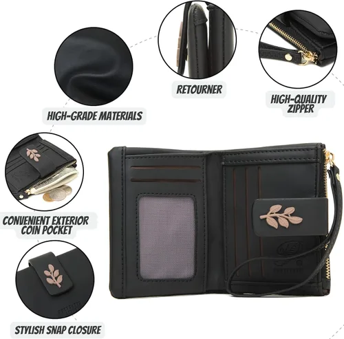 Vista 4 de PRETTYZYS Cartera pequeña y compacta de piel sintética para mujer, con bloqueo Rfid, con bolsillo, con correa para muñeca, color negro, Negro