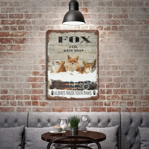 Vista 4 de Placa colgante de hierro vintage con diseño de zorro, letrero de hojalata vintage con texto en inglés "Wash Your Paws", letrero de metal para bar