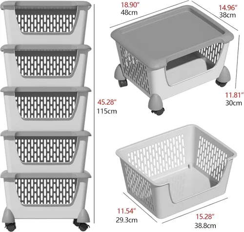 Vista 3 de Morcte Paquete de 5 cestas de almacenamiento apilables de plástico con tapas, cesta organizadora apilable con ruedas, color gris Stacking