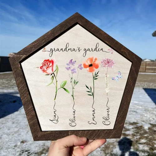 Vista 39 de Nazenti Letrero personalizado con marco de jardín de la abuela con nombres de nietos y flor de nacimiento para regalo del día de la madre, regalos