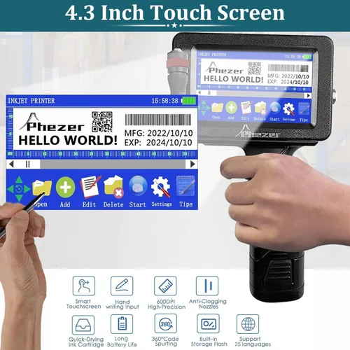 Vista 2 de Phezer Impresora de inyección de tinta portátil P16 mejorada para superficie plana con cartucho de tinta de secado rápido, máquina de codificación