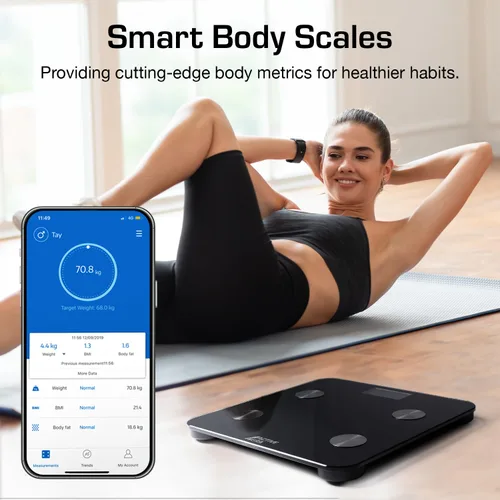 Vista 2 de Active Era Báscula digital Bluetooth de baño para peso y grasa corporal, báscula de pista de ajuste que calcula el IMC, el porcentaje de grasa
