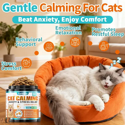 Vista 2 de Golosinas calmantes para gatos, 500 golosinas calmantes crujientes y cremosas con melatonina, manzanilla para gatos, alivio del estrés