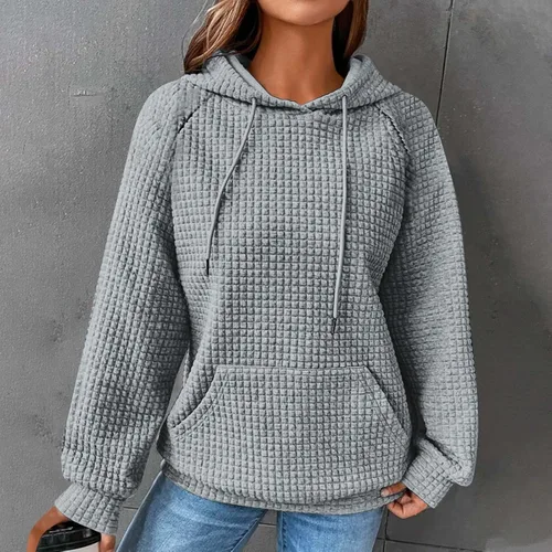 Vista 2 de Ceboyel Sudaderas con capucha de punto gofre para mujer, sudaderas con cordón de ajuste, suéteres casuales de moda, cómodos trajes de otoño