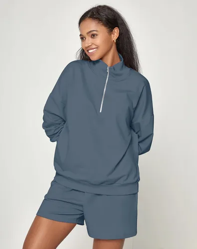 Vista 2 de FUPHINE 2024 2 Piece Trendy Outfits for Women Comfy Half Zip Collared Long Sleeve Shorts Sweatsuits Lounge Sets